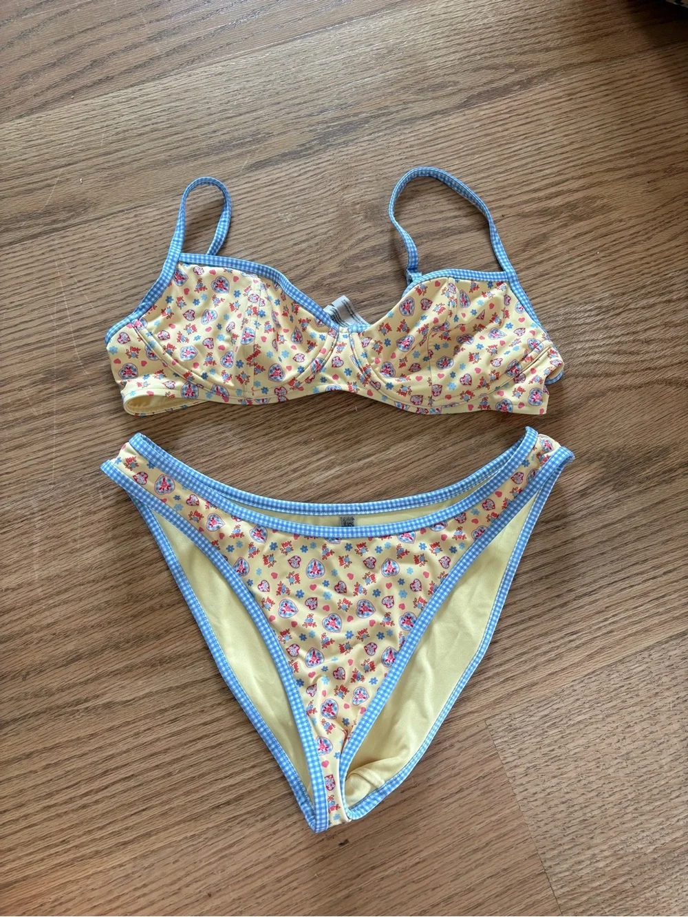 Frankie's Bikinis Yellow Floral Bikini with Blue Gingham Trim